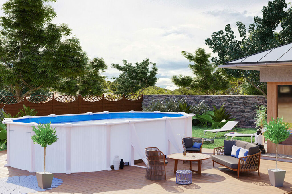 basen w ogrodzie na drewniany tarasie w domu jednorodzinnym, meble z technorattanu stojące przy basenie 