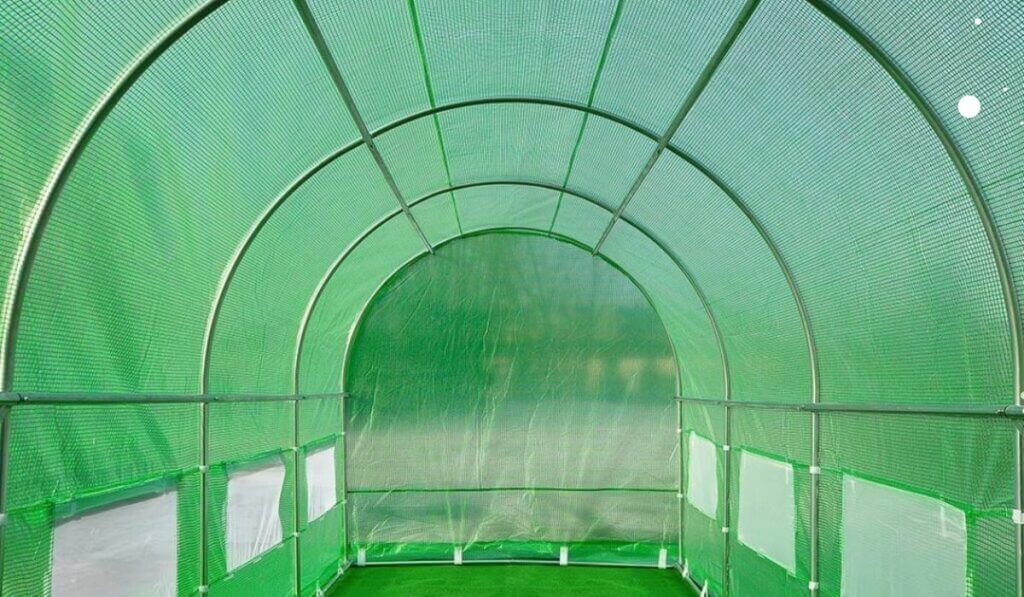wnętrze zielonego tunelu foliowego do uprawy roślin
