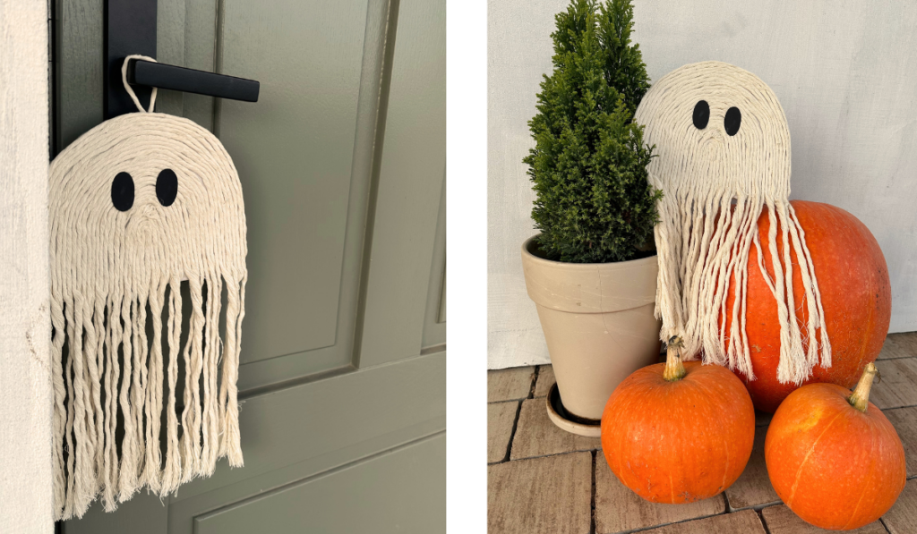 halloween duszki z w stylu boho z czarnymi oczkami - aranżacja przed domem z dojrzałymi dyniami 