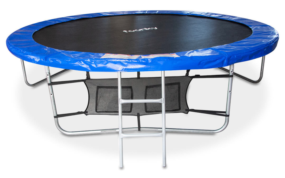 podstawa niebieskiej trampoliny dla dzieci fuunky z drabinką i siatkami na buty