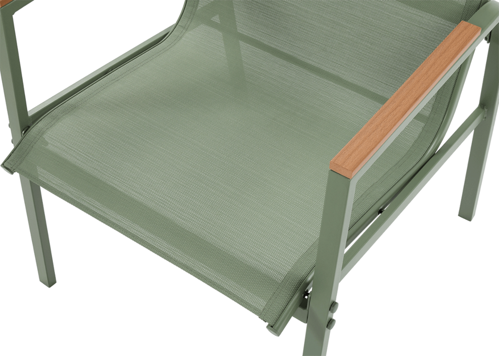Zbliżenie z góry na podłokietnik w krześle z zestawu MANGO CAFFE Green