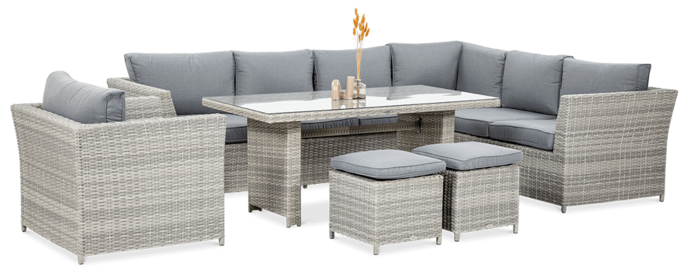 Narożnik, fotel, stół, pufy z zestawu wypoczynkowego MONIZ DINING PLUS Stone Grey