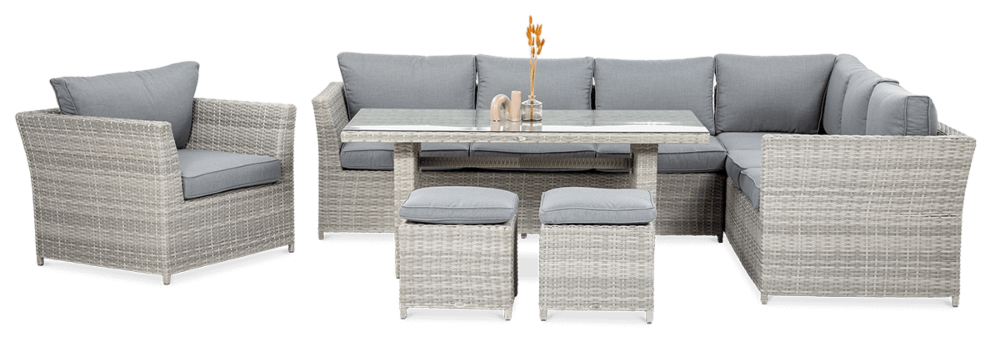 Narożnik, fotel, stół, pufy z zestawu wypoczynkowego MONIZ DINING PLUS Stone Grey