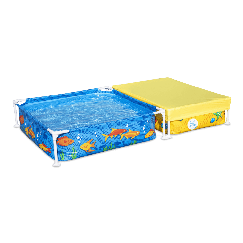 niebieski basen w zestawie z żółtą piaskownicą dla dzieci