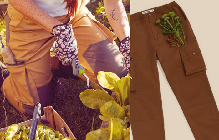kobieta przedadzająca na kolanach rośliny w ogrodzie w wygodnych spodniach ogrodowych 